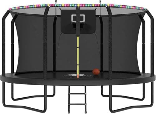 ACWARM HOME Trampoline Outdoor 14FT Trampoline with Basketball Hoop and LED Lights, Recreational Trampolines for Kids and Adults with Net and Ladder, ASTM Approved, Black