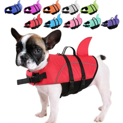 Queenmore Small Dog Life Jacket,Shark Dog Life Vest for Swimming,Puppy Light Life Preserver for Boating Kayaking Canoeing,Pet Reflective Lifesaver with High Buoyancy,Rescue Handle,Leash Hook (Red,XS)