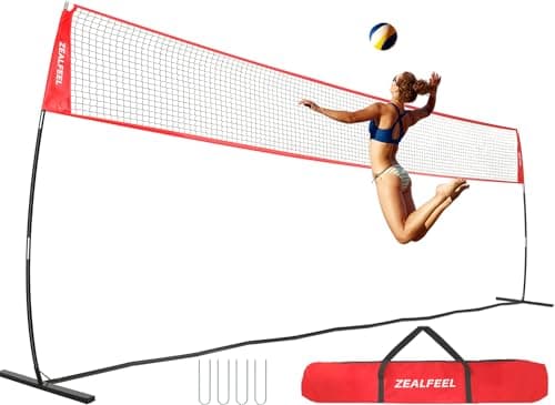 ZEALFEEL Volleyball Net, 20FT Volleyball Training Net Height Adjustable, Portable Freestanding Practice Net for Hitting or Serving Drills, Pop up Volley Ball Nets with Carry Bag for Backyard Outdoor