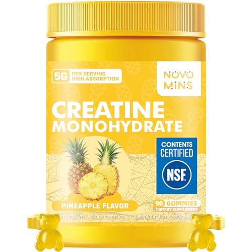 novomins Creatine Monohydrate Gummies for Men & Women, Chewables Creatine Monohydrate for Muscle Strength, Muscle Builder, Energy Boost, Pre-Workout Supplement(90 Count)-Pineapple Flavor.
