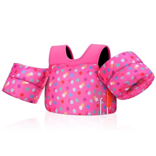 MoKo Toddler Swim Vest - Cute Toddler Floaties with Emergency Whistle for Boys and Girls 13-20-30 lbs Water Wings Arm Band Floaties Swim Training Equipment for Beach Pool, Magenta & Multicolored Dots