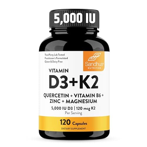 Sandhu's Vitamin D3 K2 Magnesium 5000 IU, 120mcg K2 Capsules 120 Count (Pack of 1) | with VIT B6, Zinc & Quercetin | D3K2 Supports Superior Absorption, Energy, Immune, Muscle Health for Men & Women