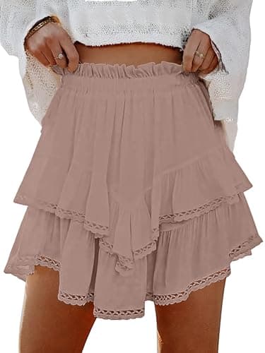 Lepunuo Boho Shorts for Women High Waisted Ruffle Tiered Flowy Skirts with Shorts Underneath Western Outfits Skorts A - Khaki