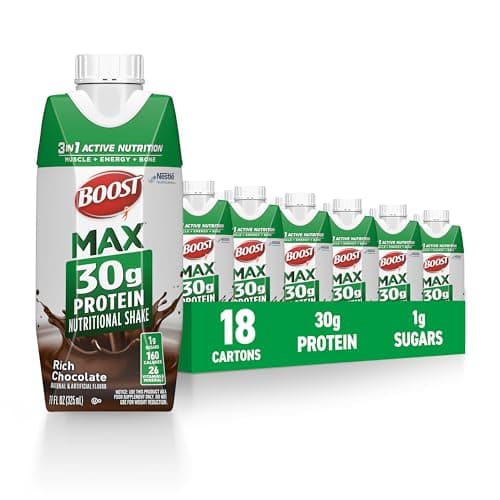 BOOST MAX Protein Shakes Ready to Drink - 30g High Protein Shake - Chocolate | Nutritional Drinks to Support Muscle Recovery After Exercise, 26 Vitamins & Minerals, 1g Sugar, 11 fl oz (Pack of 18)