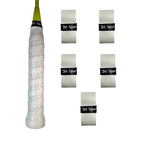 JH Sports Racket Overgrip - Absorbent Grip Tape for Badminton, Pickleball & Tennis | Sweat-Wicking and Perforated - 5 Pack (White)