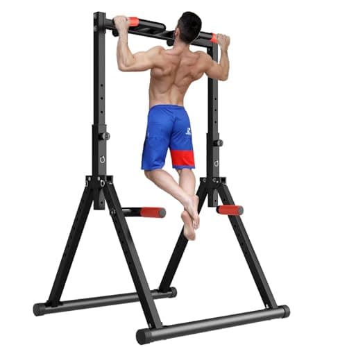 DOBESTS Foldable Power Tower Pull Up Bar Dip Station Adjustable Multifunction Workout Pull Up Tower Station Gym Strength Training Equipment Home Outdoor, Triangular Legs, 700 LBS