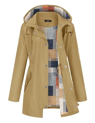 LOMON Women Waterproof Rain Jacket Lightweight Hooded Jackets Women Casual Lined Coats Outdoor Hiking Raincoat Khaki Floral XXL