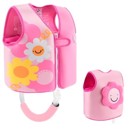 Pottwal Swim Vest for Kids - Swim Jacket for 1-2 Years (24-33 LBS) - Puddle Jumper with Adjustable Crotch Strap - Made of Neoprene & EPE - Pink Smiling Flowers