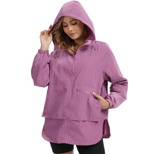 Women's Waterproof Rain Jacket Lightweight Hooded Raincoat for Hiking Travel Outdoor, Purple Grid, XXLarge