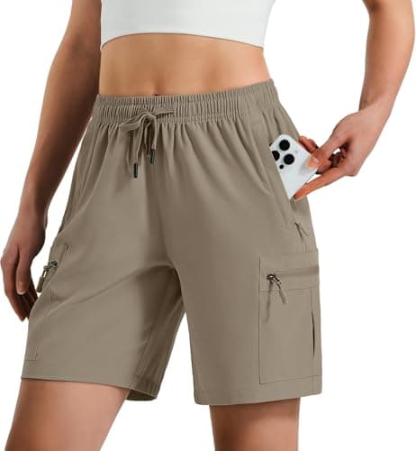 Hugut Women's Lightweight Hiking Cargo Shorts Quick Dry Athletic Shorts Camping Travel Golf Zipper Pockets Water Resistant Dark Khaki