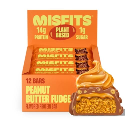 Misfits Vegan Protein Bars - Peanut Butter Fudge | Nutrition Bars - 14g Protein, 1g Sugar, Plant-based, Low Carb, Non-GMO, Gluten Free Snacks | Pack of 12