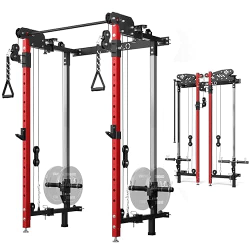 Mikolo Folding Squat Rack, Wall Mounted Power Rack with Cable Crossover Machine & LAT Pull Down, Functional Trainer with 5 Adjustable Function Modes, No Function Interference (Red)