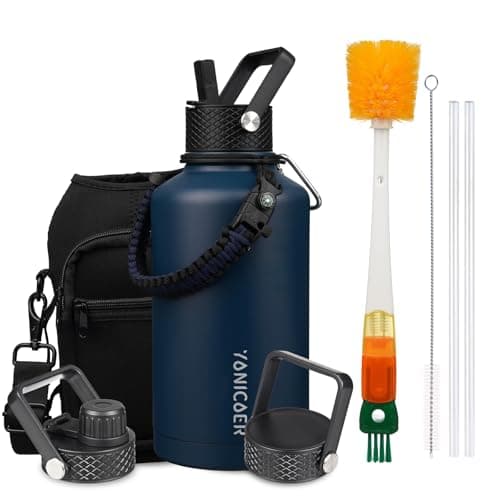 YONICOER Insulated Water Bottle 64oz,Triple Wall Vacuum Stainless Steel(Dishwasher Safe),Leak Proof & Non-BPA,Flask Jug with Paracord Handle & Straw Spout Lids Sports Navy Blue