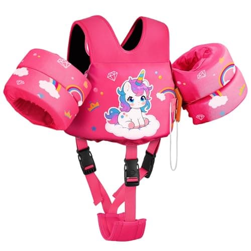MoKo Toddler Swim Vest for Kids, Swim Arm Floaties 15-30 lbs Cartoon Swimming Water Wings with Crotch Strap, Pool Float Vests Sleeves Shoulder Straps Arm Band, Magenta Clouds Rainbow Unicorn