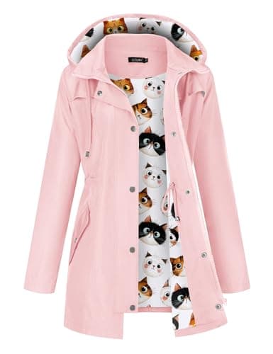 LOMON Women Rain Jacket Waterproof Hooded Jackets Women Printed Lined Trench Coats Outdoor Hiking Raincoat(Pink Cat Patterned Lining S)