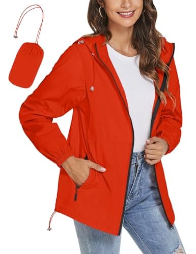 TCOT Women's Raincoats Lightweight Waterproof Windbreaker Hooded Rain Jackets with Pockets Packable Jacket Orange L
