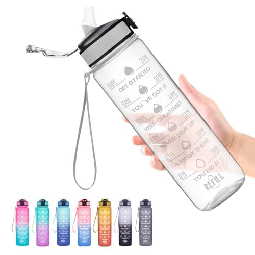 Hyeta Clear Water Bottle, 32 oz Motivational Water Bottles with Time Marker, Leakproof, Tritan and BPA Free, Drinking Sports Water Bottle for Fitness