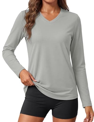 MAGCOMSEN SPF Shirts for Women Long Sleeve Workout Tops V-Neck UPF 50+ UV Sun Shirt Quick Dry Tees Swim Tops Light Grey L
