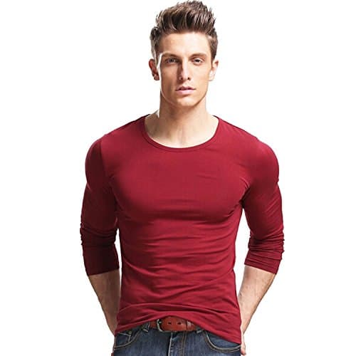Xudian Long Sleeves Men T-shirt Crew-neck, Size Large, Maroon