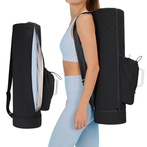 sportsnew Puffy Yoga Mat Bag Yoga Gym Bags for Women Men, Full-Zip Pilates Bag with Wet Pocket & Side Zip Drawstring Pocket Fits Tumblers with Handle, Yoga Mat Storage for Quick Access, Black