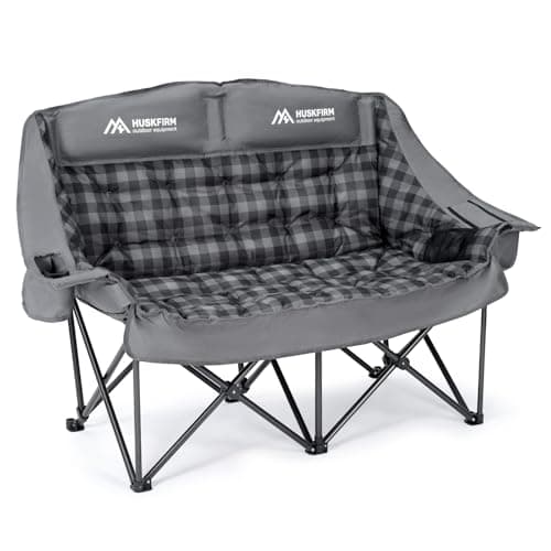 Huskfirm Padded Double Camping Chair High Back 2 Person Camping Chair Oversized Camping Loveseat Support 800LBS Heavy Duty Camping Couch with Cup Holders, Cooler, Carry Bag, Blue