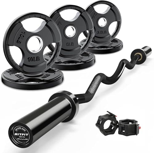 RitFit 2 Inch EZ Curl Bar with Weights, 350LBS Weight Capacity Olympic Curl Barbell for Bicep, Tricep and Weight Lifting Exercises, with 35LBweights