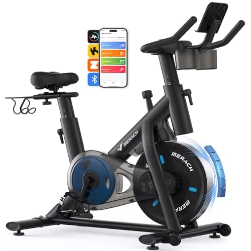Merach Exercise Bike, Brake Pad/Magnetic Stationary Bike with Exclusive App, Low Noise Indoor Cycling Bike with 270LBS Weight Capacity, Dumbbell Rack and Fitness Courses for Weight Loss
