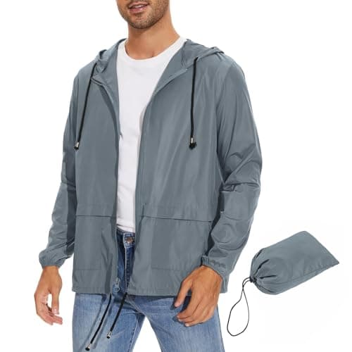 Zando Men Rain Jacket Mens Packable Raincoat Lightweight Mens Windbreaker Jackets Cycling Raincoats Waterproof with Hood Outdoor Windbreaker Jacket Travel Rain Coats for Men Light Gray 3XL