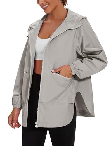 Rain Jacket Women Lightweight Waterproof Raincoat with Hood Cycling Biker Jackets, Grey White, Medium