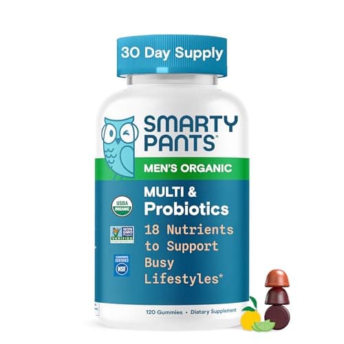 SmartyPants Men’s Organic Multi & Probiotics Multivitamin Gummies with Bacillus Subtilis [DE111], Omega 3 ALA, Methylfolate, Vitamin D3, C, Clean Label, Three Fruit Flavors, 120 Count (30 Day Supply)