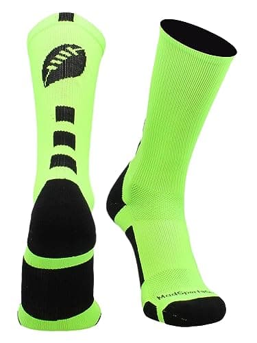 MadSportsStuff Made in USA Football Socks - Youth & Adult Crew for Flag or Tackle - Neon Green/Black, Large - Moisture Wicking