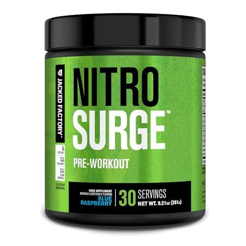 Jacked Factory NITROSURGE Pre Workout Supplement - Energy Booster, Instant Strength Gains, Clear Focus & Intense Pumps - NO Booster & Powerful Preworkout Energy Powder - 30 Servings, Blue Raspberry