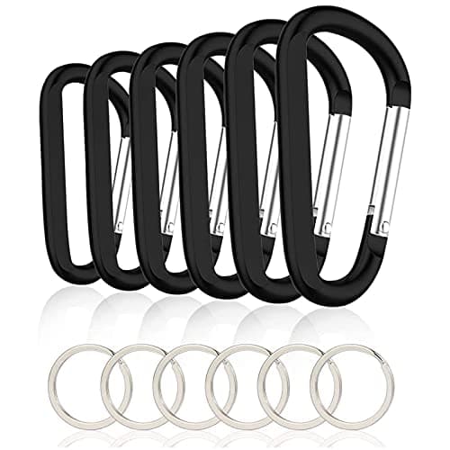 CampTek 6PCS Black Carabiner Caribeaner Clip,3" Large Aluminum D Ring Shape Carabeaner with 6PCS Keyring Keychain Hook