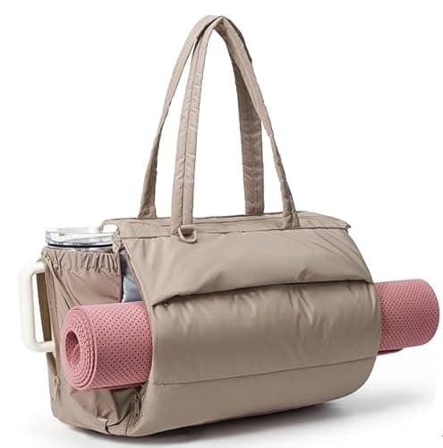 BAGSMART Yoga Mat Bag for Women, 22L Puffer Pilates Bag for 40oz Tumbler, Gym Bag for Yoga Travel College, Camel