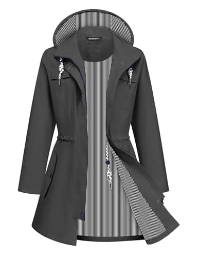 ATLASLAVA Rain Jacket Women Waterproof Long Lightweight Raincoat Hooded Windbreaker Outdoor Trench Coat Dark Gray S