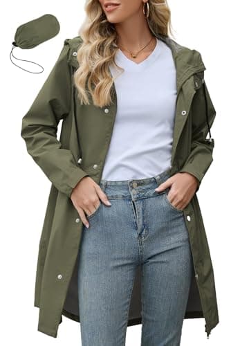 Zando Womens Rain Jacket with Hood - Travel Rain Coats for Women Packable Rain Jacket Women Waterproof Long Raincoat Lightweight Windbreaker Trench Coat for Outdoor Commuting Gifts Army Green L