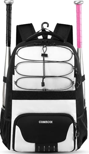 COMECOI Softball Bag, Lightweight Baseball Backpack with Shoes Compartment, Baseball Bat Bags with Fence Hook for TBall Bat & Equipment, for Batting Mitten, Helmet, for Girls, Boys, Youth, Adults