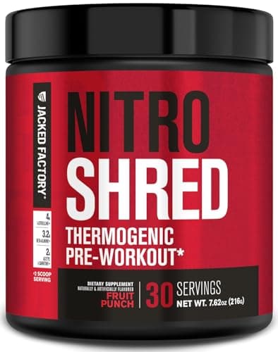 Jacked Factory NITROSURGE Shred Pre Workout Supplement - Energy Booster, Instant Strength Gains, Sharp Focus, Powerful Pumps - Nitric Oxide Booster & PreWorkout Powder - 30Sv, Fruit Punch