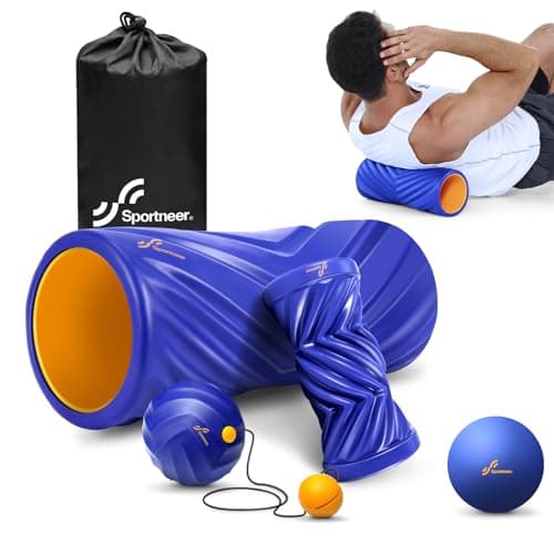 Sportneer 4 in 1 Foam Set, Muscle Relax Kit with 2 Textured Foam Pilates Rollers, Stringed Exercise Ball, Lacrosse Ball for Muscle Shoulder Back Leg Whole Body Relax Fitness Yoga, Blue