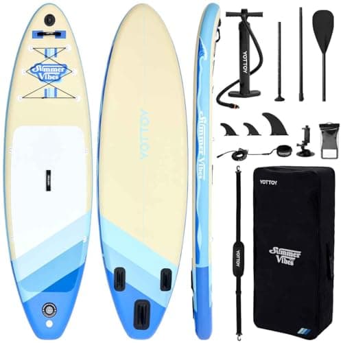 YOTTOY Inflatable Stand Up Paddle Board,Stable Lightweight 10' SUP with Non-Slip EVA Deck, Premium Paddleboard Accessories, Three-Fin System & Carry Bag,All-Around Inflatable SUP (Sky Blue)