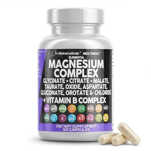 Clean Nutraceuticals Magnesium Complex with Magnesium Glycinate Citrate Malate Oxide Taurate Aspartate Orotate & Mag Chloride, Zinc Copper Manganese & Vitamin C B1 B2 B6 B12 Complex - 1Pack