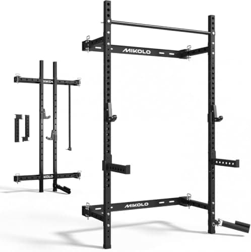 Mikolo 2" x 2" Folding Wall Mounted Squat Rack, 1000 Pounds Capacity Power Rack with Safety Catches, Pull Up Bar, J Hooks and Landmine Attachment, Space-Saving Home Gym(Black