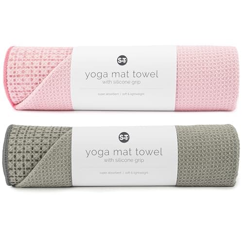 S&T INC. Yoga Mat Towel with Non-Slip Grip, Enhanced Silicone Grip, Soft and Absorbent for Gym, Pilates, and Hot Yoga Mat, 2 Pack, 24 inches x 72 inches, 340GSM, Pink and Grey