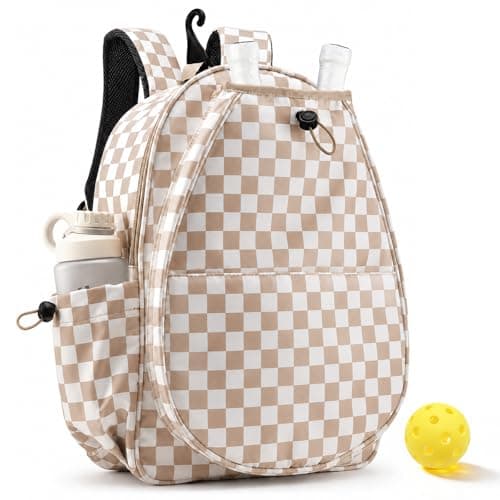 Mosthink Pickleball Racket Backpack Tennis Bag for Women Water-Resistant and Machine Washable Tennis Backpack，Lightweight Sports Bag for Pickleball, Badminton (Plaid Brown)