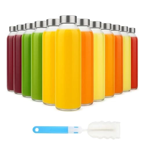 Sursip [12 Pack] 18 oz Glass Water Bottles with Lids, Juice Bottles, Clear glass juice bottle for juicing, Eco-Friendly Reusable Glass Juicing Bottles with Stainless Steel Lid, BPA Free,Leak-Proof