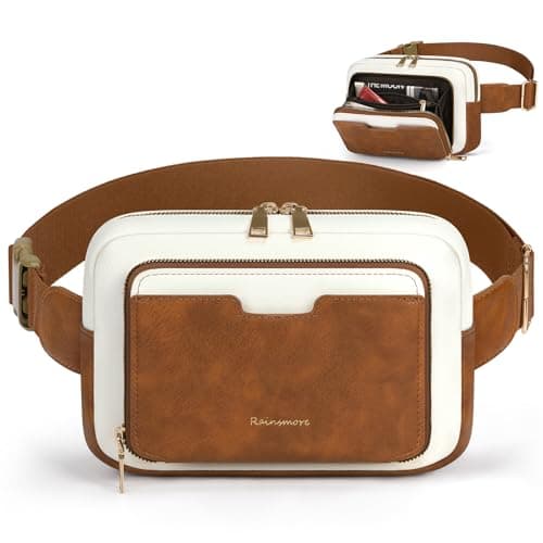 RAINSMORE Fanny Packs for Women, Leather Belt Bag Waterproof Everywhere Crossbody Waist Pack with Adjustable Strap Retro Sling Chest Bag for Work Running Travel Party, Brown with White