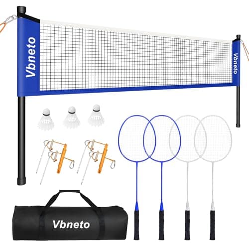 Vbneto Badminton Set, Portable Outdoor Anti-Sag System – Official 20ft x 5ft Easy Setup Durable Net with 4 Rackets, 3 Shuttlecocks & Carry Bag for Backyard, Lawn or Beach Fun