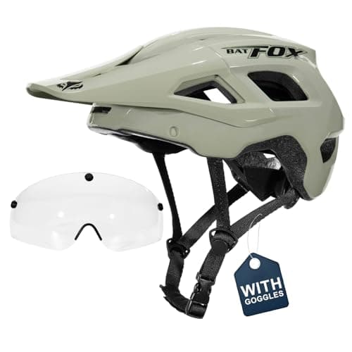BATFOX Mountain Bike Helmet for Men Women,MTB Bicycle Cycling E-Bike Helmet for Adults Fit(52-60CM) (W/Goggles-Glossy Khaki, L(56-60CM))