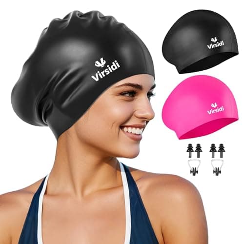 2 Pack Swim Cap for Women Men Adult, Silicone Swimming Caps for Short Long Hair, Waterproof Swim Hats Bathing Caps to Keep Hair Dry with Nose Clip and Earplugs (Black&Rose)
