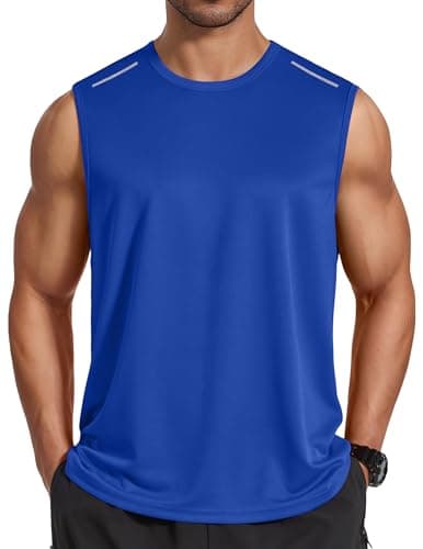 COOFANDY Running Tank Top Men Sleeveless Tee Shirts Quick Dry Swim Beach Tanks with Reflective Stripes Blue Large